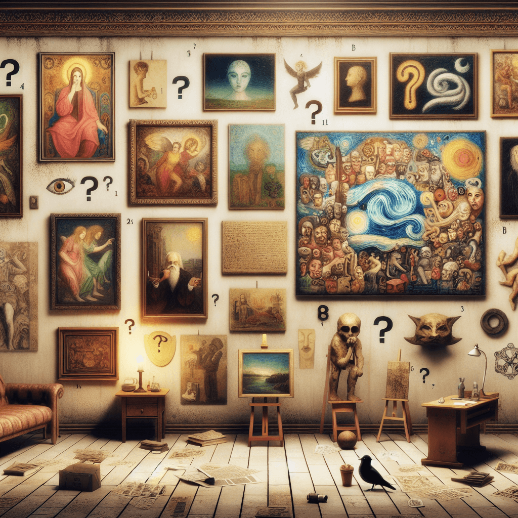 An artistic image capturing the concept of enigma and mystery, related to historical art. This scene might show a collection of eight of the most intriguing artistic creations from various time periods. Each art piece is unique and carries a diverse array of symbols and connotations that have puzzled spectators throughout history. These creations are commonly associated with mysteries and enigmas, like cryptic sculptures, enigmatic murals, obscure painted canvases, and odd artifacts. There can be clues indicative of the era they belong to but it should not depict or infer any particular artist or post-1912 art style.