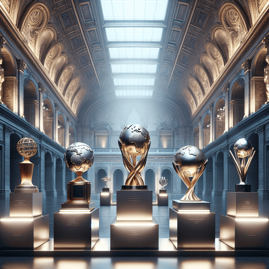 An image showing six gleaming trophies of different designs representing the six most prestigious art awards in the world, each distinctively designed and located on pedestals against the backdrop of a grand museum interior. The ambiance is sublime, lights accentuating the trophies' spectacular details. Below each trophy, there are engraved, yet vague titles, symbolizing their international significance in the art world.