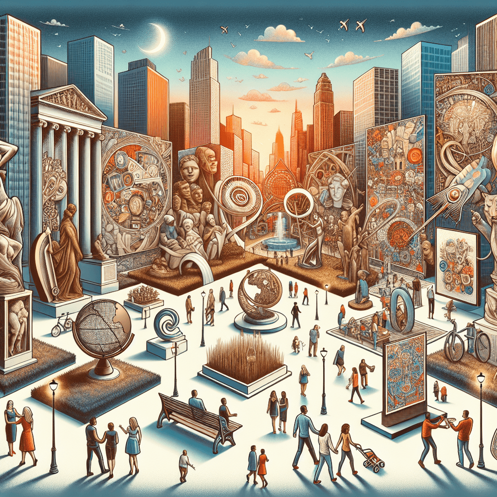 An intricate image portraying the beautiful union of public artwork and city life. The scene features ten different public arts - sculptures, murals, installations, spread across a bustling cityscape with people of diverse descents and genders admiring and interacting with the art. The city skyline at the backdrop, with towering buildings and busy streets - all under a serene sunset sky.