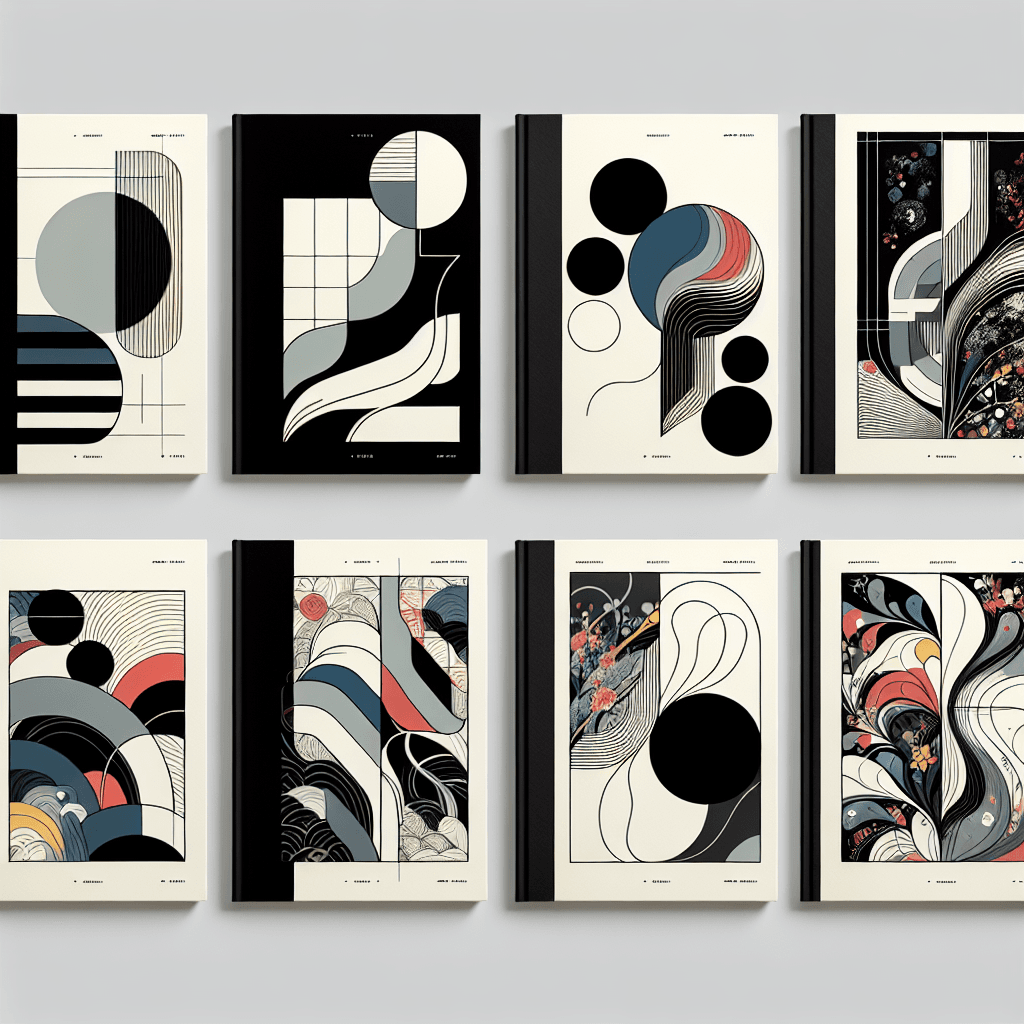 Five book covers designed by contemporary artists. For each book cover, it features a distinctly different style: the first cover incorporates sleek lines and bold colors; the second presents a minimalist design in monochrome shades; the third showcases vibrant illustrations depicting abstract forms; the fourth highlights intricate patterns and soft hues; while the fifth takes on a bold, avant-garde approach with stark contrasts between darkness and light. All these book covers are devoid of any texts or titles, focusing solely on the artistic aesthetics.