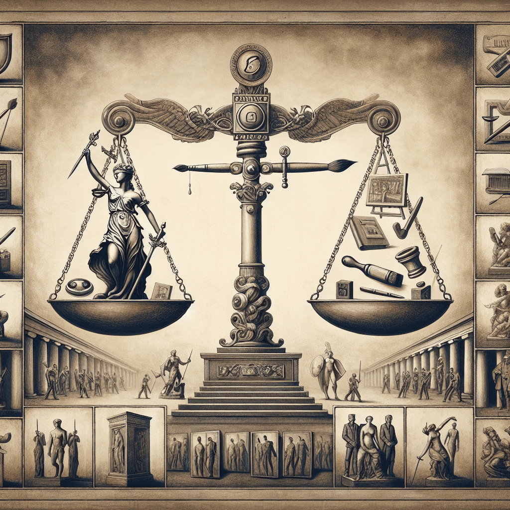 An image representing the theme of conflict between aesthetic expression and power, often leading to the censoring of art. The central scene displays a large, ornate scale balancing a brush representing art on one side and a symbolic icon of power, such as a crown or scepter, on the other. Surrounding this main image, sequentially numbered representations of art, including statues, paintings and books, each subtly implying censorship with elements of discreet covering or partly obscured by shadows. All of this set against an austere, museum-like backdrop, employing a classic, pre-1912 art style within the visual representation.