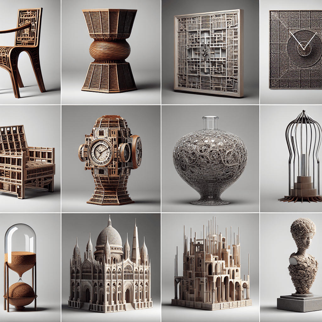 Seven beautifully crafted design objects, each possessing the intricacy and uniqueness of a true work of art. Each of these objects is built with a distinct aesthetic and tactile appeal, a testament to the ingenuity and talent of their creators. The selection includes a beautifully carved wooden chair, an intricate metal clock, a sleek glass chandelier, a uniquely styled ceramic vase, a complex architecture model, an incredibly elaborate textile rug, and a carefully sculptured stone statue.
