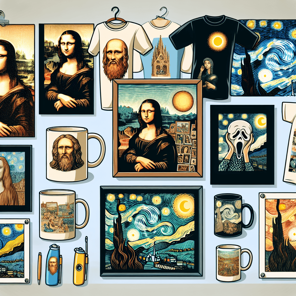 An image depicting different types of merchandise like posters, postcards, mugs, and t-shirts featuring detailed reproductions of the top 10 most popular works of art prior to 1912. Some of the items could be inspired by timeless pieces such as the Mona Lisa by Leonardo da Vinci painted on Renaissance era, The Starry Night by Van Gogh from post-impressionist movement, and The Scream by Munch from Symbolism art movement.