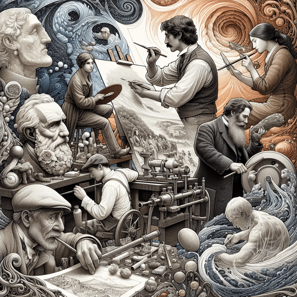 An intricate montage featuring five self-taught artists who revolutionized art. Each artist is depicted diligently working in their chosen medium: one sculptor chisels a marble masterpiece, an oil painter with their canvas capturing a beautiful landscape, a sketch artist deeply engrossed in his detailed graphite sketch, a lady ceramic artist molding clay on a pottery wheel, and a blacksmith hammering a piece of iron at his anvil. In the background, there's an abstract mix of waves, swirls, and bursts, representing their transformative influence on the world of art.