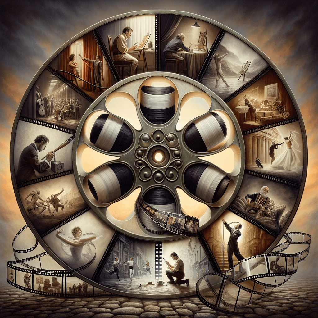 An ornate movie reel delicately displayed in the middle, with nine film strips unspooling around it. Each film strip displays a different poignant scene related to art: a painter in deep contemplation, a sculptor chiselling marble, a theatre performance, a ballet dance performance, a cinematographer composing a shot, a calligrapher skillfully drawing letters, a street artist performing a lively dance, a musician's serene performance, and an architect studying a building model. The background is of a dramatic sky at sunset, lending a timeless appeal.