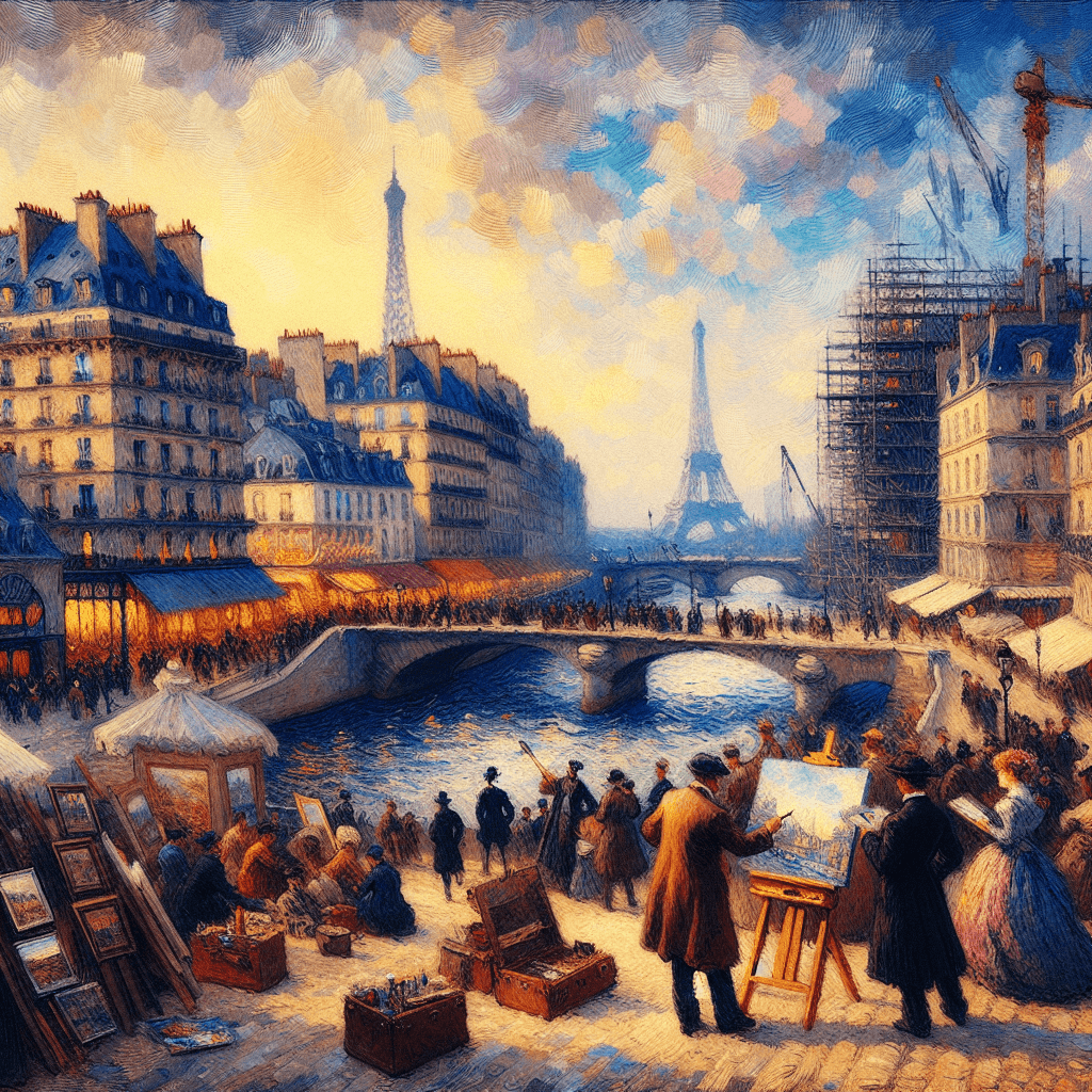 Create a vivid image that depicts the atmosphere of 19th Century Paris during the origins and revolution of the Impressionism art movement. Visualize a scene of Parisian city life, with its bustling streets, people of different genders and various descents interacting, and glimpse of iconic Parisian architecture like the Eiffel Tower in construction or The Seine river flowing through the city. Painters set up with their easels, hurriedly capturing this transient moment onto canvas, mimicking the loose brushwork and emphasis on light and color, characteristic of the Impressionist style.