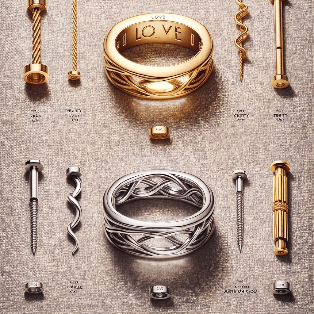 A visual guide comparing three types of luxury jewelry items: a bangle from the 'Love' collection, a ring from the 'Trinity' series, and a bracelet from the 'Juste un Clou' line. Each piece is intricately designed and exudes its own unique charm and elegance. The 'Love' bracelet consists of a solid band with tiny screws etched in the design. The 'Trinity' ring combines three interlocked bands of yellow, white and rose gold. The 'Juste un Clou' features an innovative design shaped like a nail that's twisted into a bangle. Each piece of jewelry is presented on a fine, neutral-toned silk cloth.