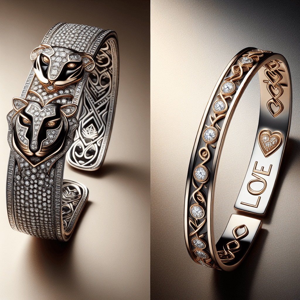 An elegant and luxurious image showcasing two types of exquisite bracelets. On one side, a Panthère-inspired bracelet, characterized by its intricate design inspired by the majestic panther, crafted in precious metals with sparkling gems that resemble a panther's eyes. On the other side, a LOVE-inspired bracelet, known for its timeless design with engraved symbols of love, also made from high-quality metals. Both bracelets are displayed side by side, inviting comparison, with a neutral but classy background that emphasizes the contrasting beauty and design complexity of the two pieces of jewelry.