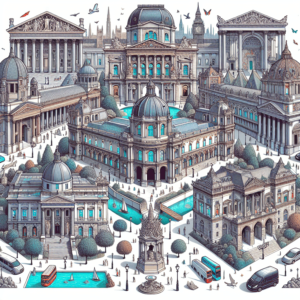 A meticulously detailed illustration showcasing the facades of 10 iconic art museums that one must visit in their lifetime. The museums should be from different parts of the world, each surrounded by typical environment features that represent their respective locations. The museums can include the likes of the Louvre in Paris, the British Museum in London, the Uffizi Gallery in Florence, and others. The image should carry a sense of travel and global art appreciation