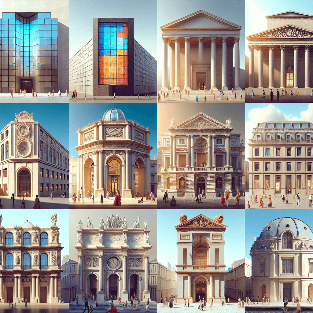 An image showcasing the exterior of ten highly influential art galleries around the world. Each gallery facade exudes a unique architectural style, setting it apart from its neighbors. They may range from modernist glass structures to renaissance-inspired buildings with intricate details reflecting their regional influence. The galleries are spread across the globe, from North America, Europe, South Asia to Australia. Outside each gallery, art enthusiasts of various genders and descents are animatedly discussing, admiring the architecture, or walking in and out of these majestic buildings. The sky is bright and clear, filling the scene with a natural, vibrant lighting.