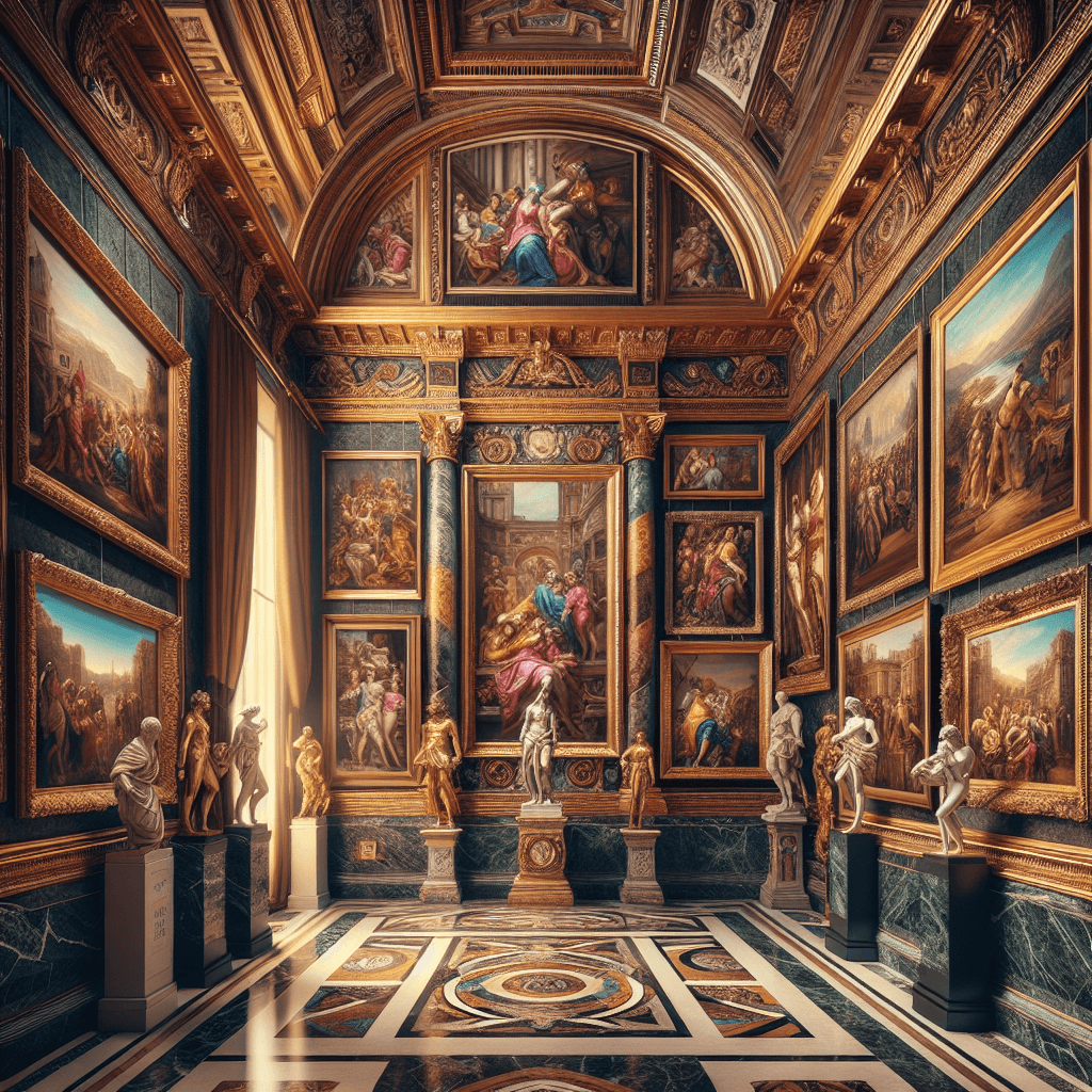 A standout image showcasing a magnificent collection of art in Italy. The scene could depict various paintings and sculptures, all beautifully arranged in a grand, Italian-style room. The room has marble floors, high ceilings, and opulent curtains. The lighting is warm and inviting, enhancing the vibrant colors of the art pieces. Some art pieces are from the Renaissance period, while others carry the distinct style of the Baroque era. The variety is part of what makes these private collections in Italy so breathtaking.