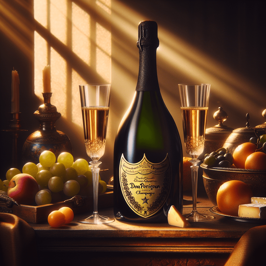 A luxurious still life scene capturing the rarity and prestige of Dom Perignon champagne. Show a vintage bottle sitting elegantly on an antique wooden table, bathed in warm, evening light that streaks through a nearby window. Surround the bottle with a selection of decadent fruits and cheeses, symbolizing elegance and opulence. Include the subtle gleam of golden champagne in delicate glass flutes. The atmosphere should evoke the rich taste of historic French cellars, without focusing on a particular vintage or price.