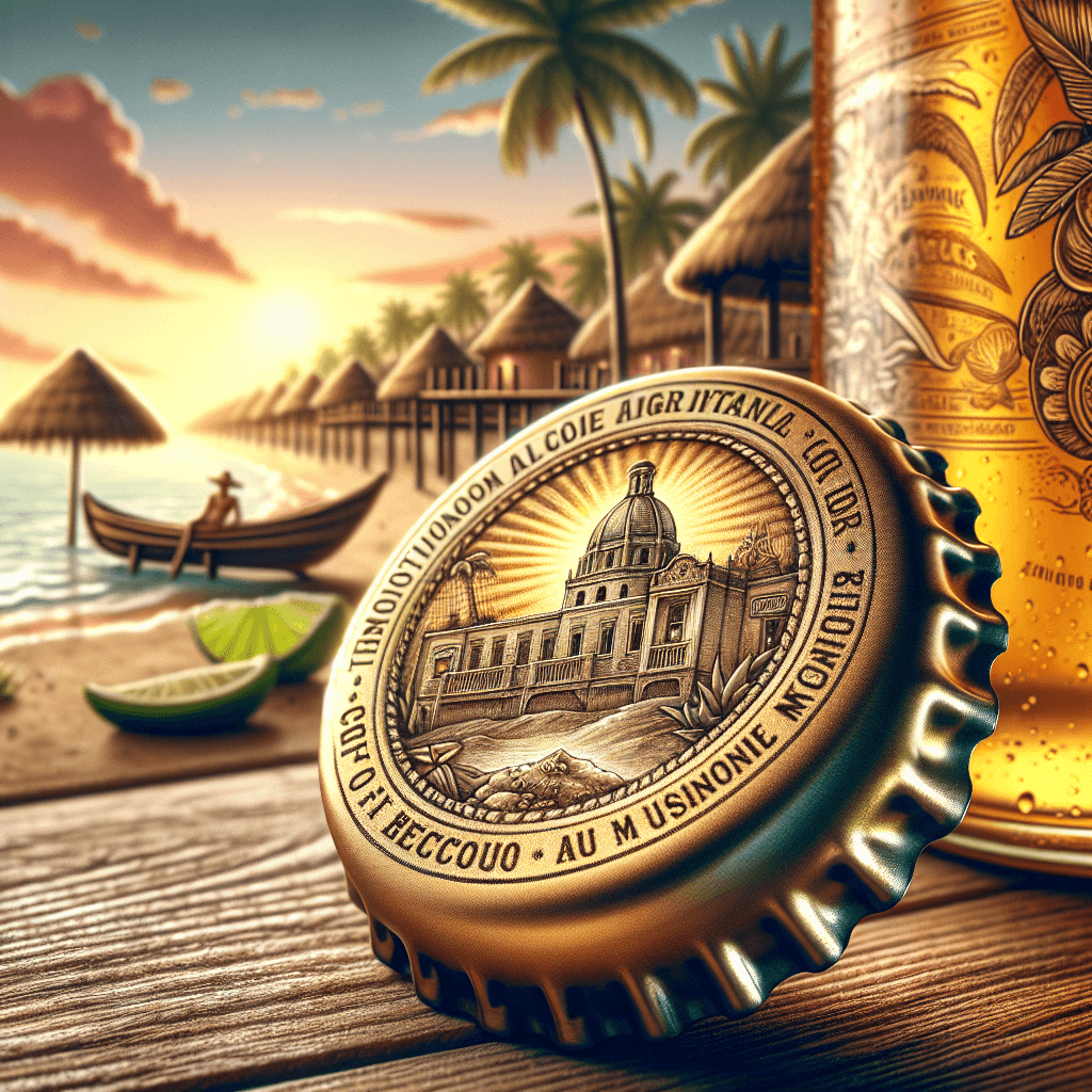 A meticulously illustrated image showcasing a bottle of Mexican beer, traditionally served with a slice of lime, on a wooden bar counter. This international brew is golden in color and famous for being often enjoyed on a beach. However, the focus of the image is the bottle cap where we see engraved details of the brand's heritage, hinting at a glorious, if perhaps mistaken, origin story. A tropical setting forms the background with the setting sun casting a warm glow.