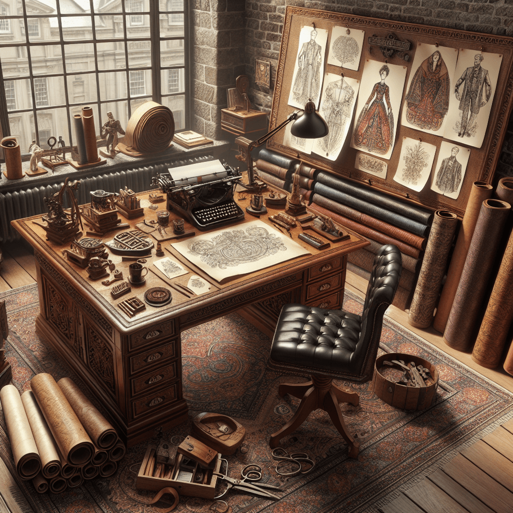A comprehensive depiction of an iconic fashion house history, focusing on its inception and progression over time. Portray the founder's office with an old wooden desk, retro typewriter, various intricate sketches in the margin of vintage textiles, small hand tools for leather crafting, and rolls of high-quality materials, such as leather and silk. Set in a historic building with stone walls, large windows, and a hard wood floor covered in a intricate vintage rug. Please exclude any humans to respect policy guidelines.